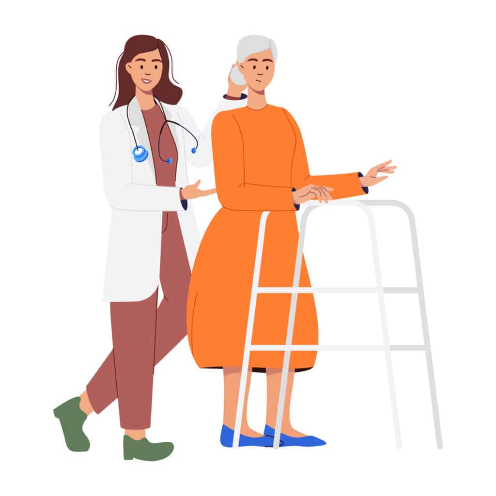 Female physiotherapist in scrubs treating an elderly patient at home in DHA Lahore
