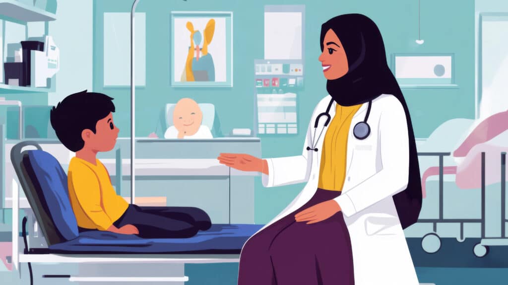 A female therapist in a hijab conducting a session with a child in a private Lahore clinic room